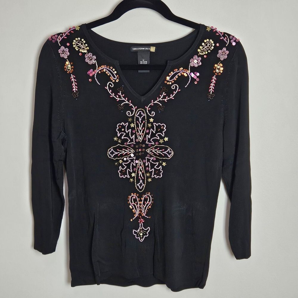 Sweaterworks Women's Size M Embellished Top Knit Beaded V Neck 3/4 Sleeve Blouse